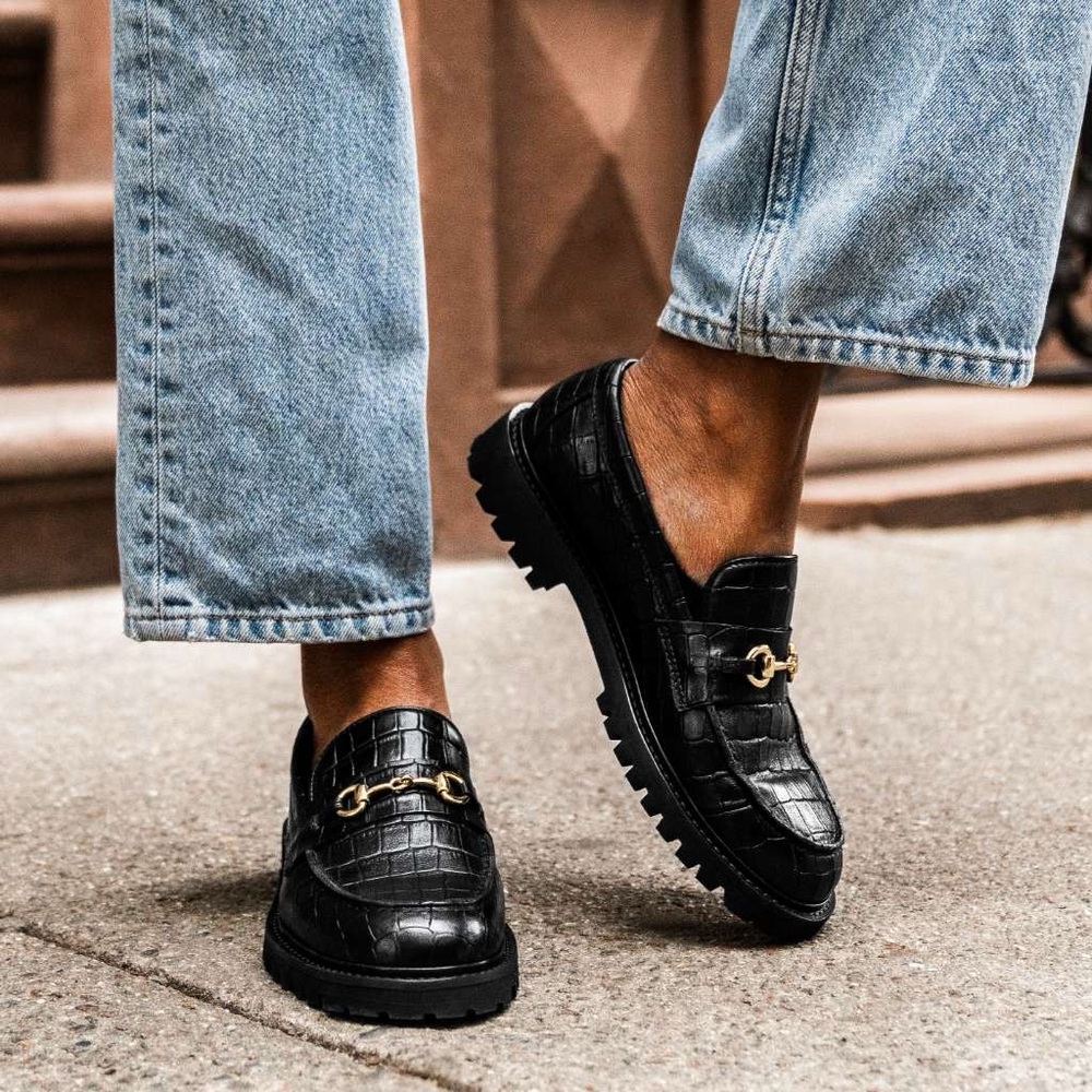 Thursday Boot Company Black Croc-Leather Loafers with Gold Bit